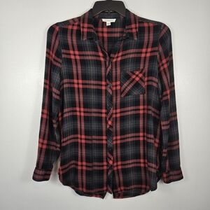 Beach Lunch Lounge Long Sleeve Button Down Red Black Plaid Shirt Size Medium